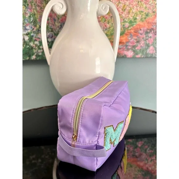 PREPPY Mama Cosmetic Toiletry Bag Chenille Letter Patch Nylon Zip Travel - Picture 3 of 7